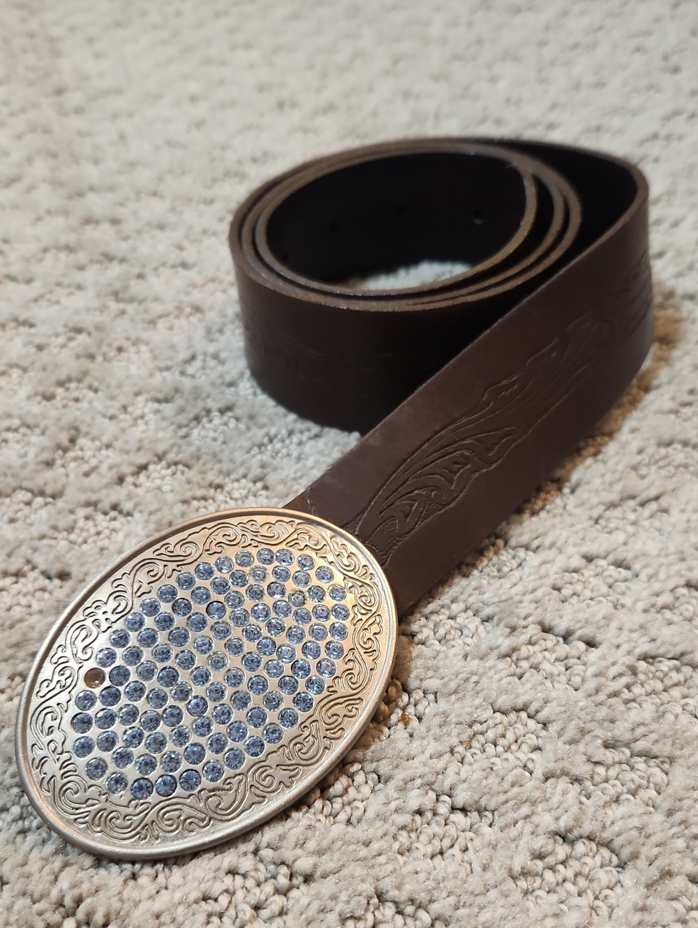 Abercrombie & Fitch Brown Leather Belt Decorative Blue Rhinestone Silver Buckle - Picture 14 of 14